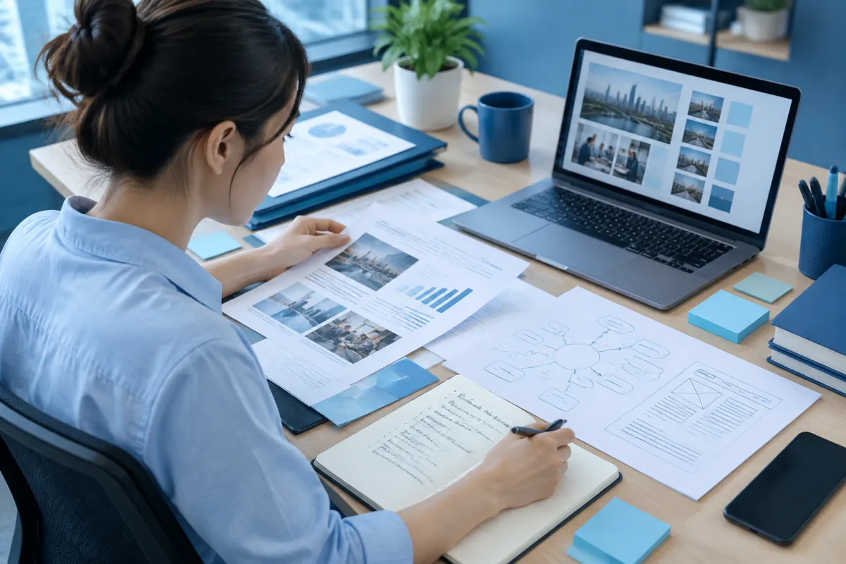 Chuyên viên marketing chuẩn bị các yếu tố nền tảng cho nội dung chuẩn SEO tại văn phòng