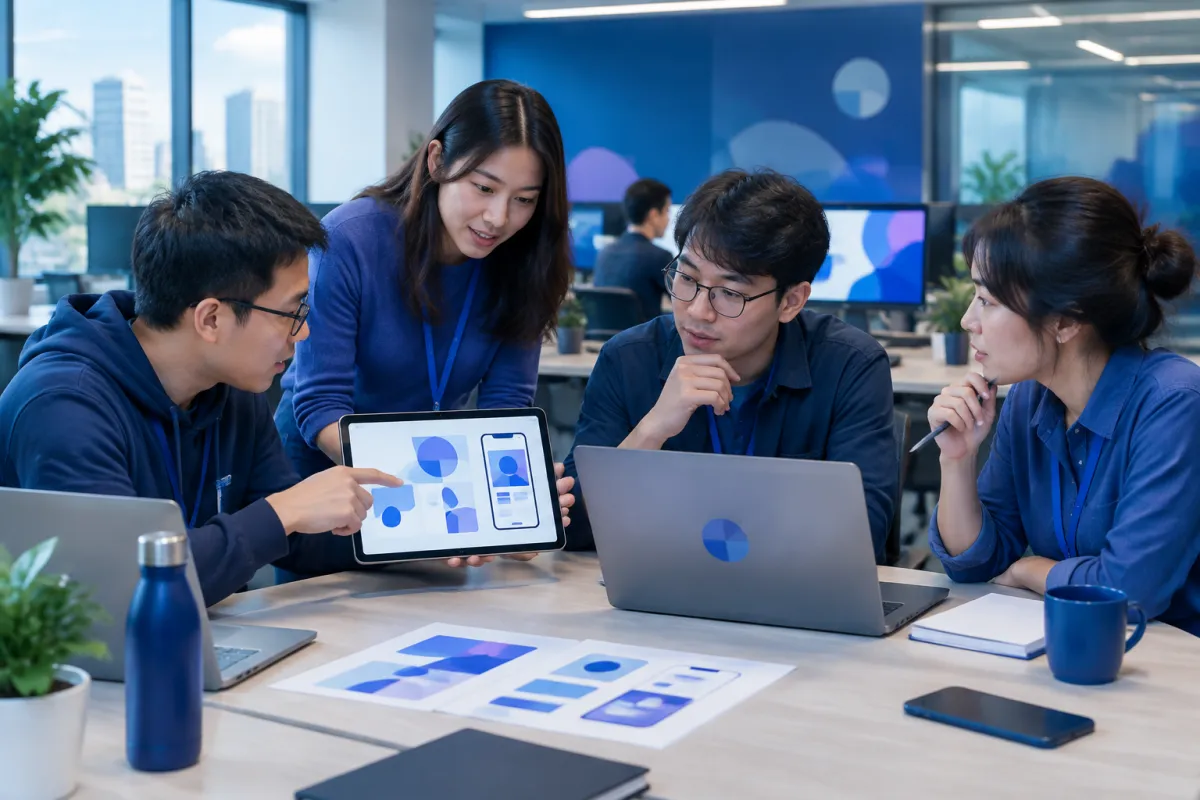 Nhóm chuyên gia trao đổi các hạng mục trong dịch vụ thiết kế app tại văn phòng doanh nghiệp Việt Nam