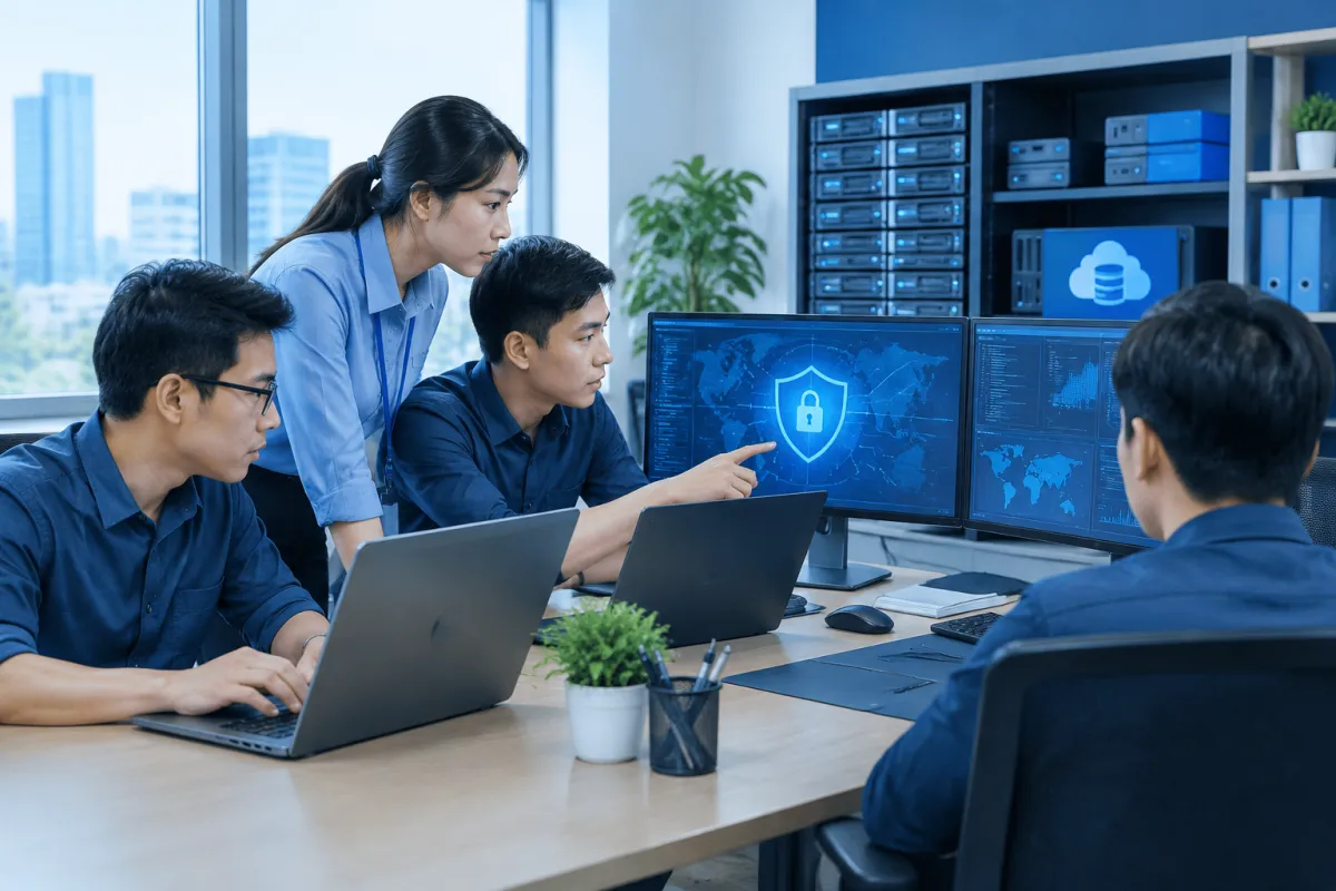 Đội ngũ kỹ thuật thực hiện các hạng mục chăm sóc website như bảo trì, bảo mật và sao lưu dữ liệu