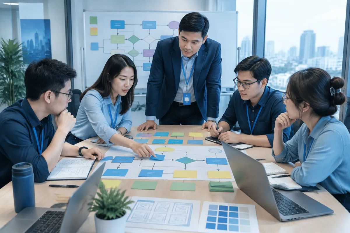 Nhóm dự án phối hợp theo quy trình triển khai dịch vụ thiết kế app trong văn phòng Việt Nam