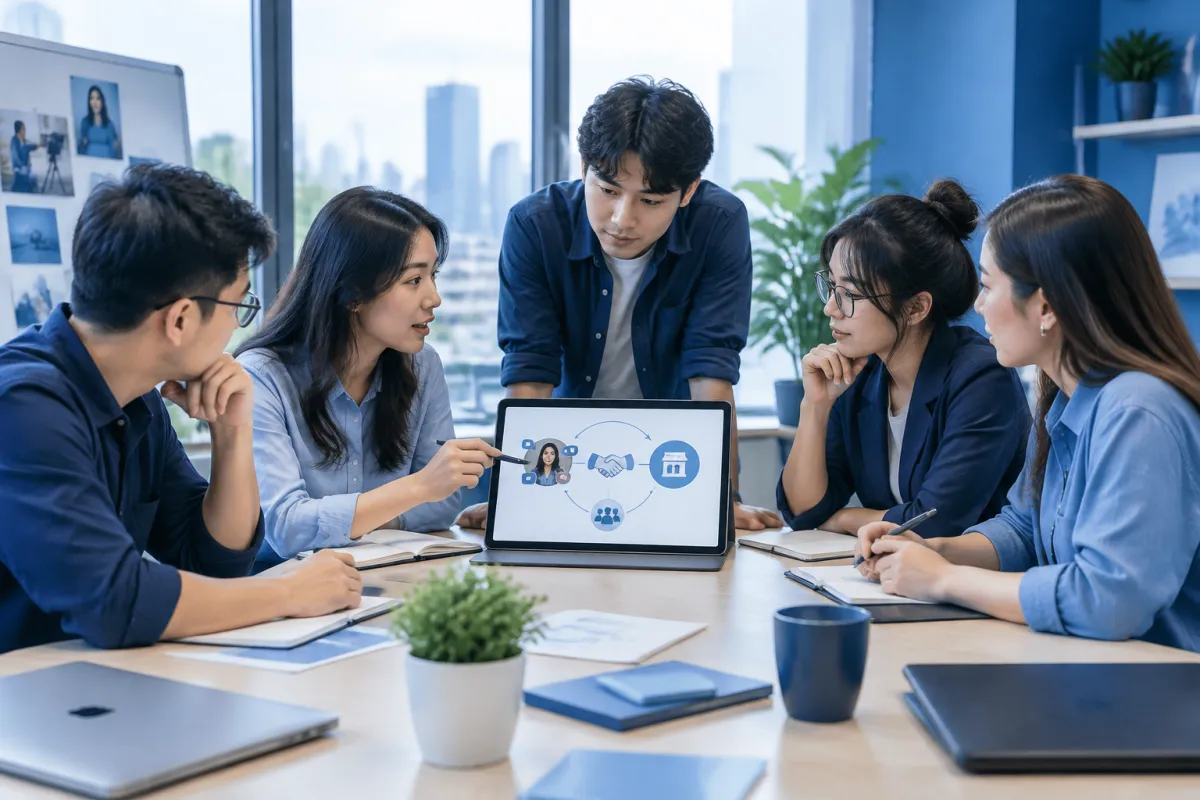 Đội ngũ doanh nghiệp trao đổi về affiliate marketing tại Việt Nam trong văn phòng hiện đại