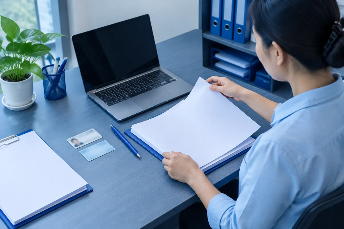 Chủ hộ sắp xếp giấy tờ cần thiết khi chuẩn bị hồ sơ đăng ký hộ kinh doanh