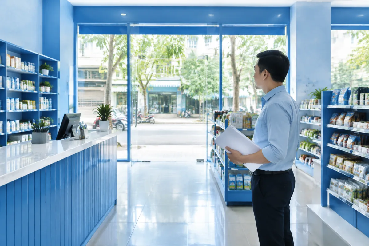 Chủ cửa hàng kiểm tra mặt bằng và thông tin trước khi đăng ký hộ kinh doanh