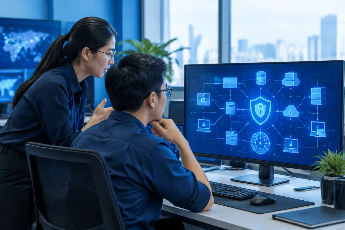Chuyên viên phân tích hệ thống và bảo vệ dữ liệu trong quy trình bảo mật phần mềm doanh nghiệp