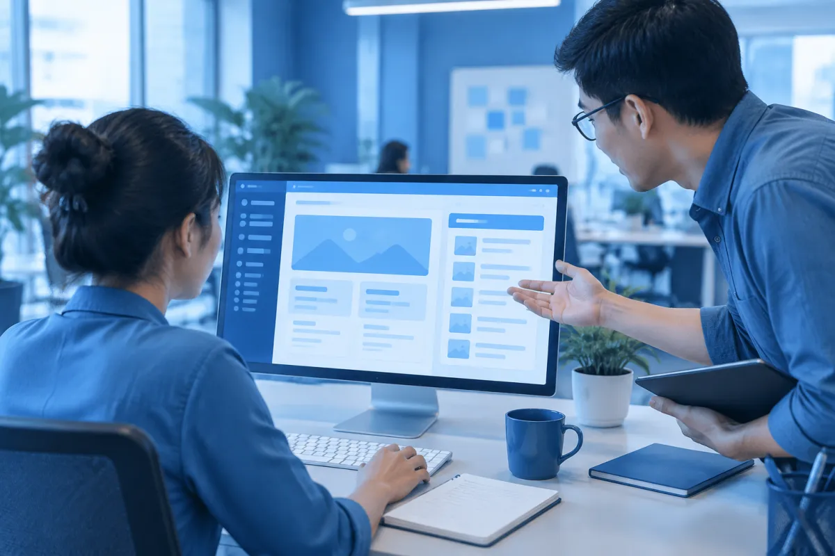 Nhân viên marketing kiểm tra tính năng chuẩn SEO trong trang quản trị website doanh nghiệp