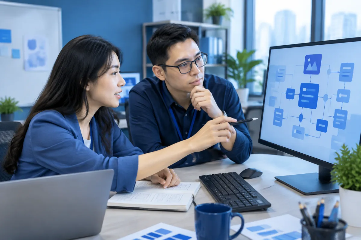 Chuyên viên trao đổi về tính năng chuẩn SEO trong thiết kế website doanh nghiệp tại Việt Nam