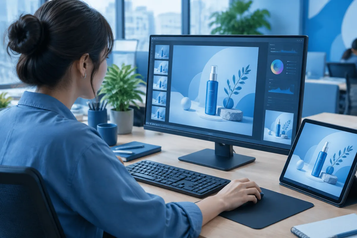 Nhân viên kiểm tra tính năng công cụ chỉnh sửa ảnh online và chất lượng ảnh sản phẩm