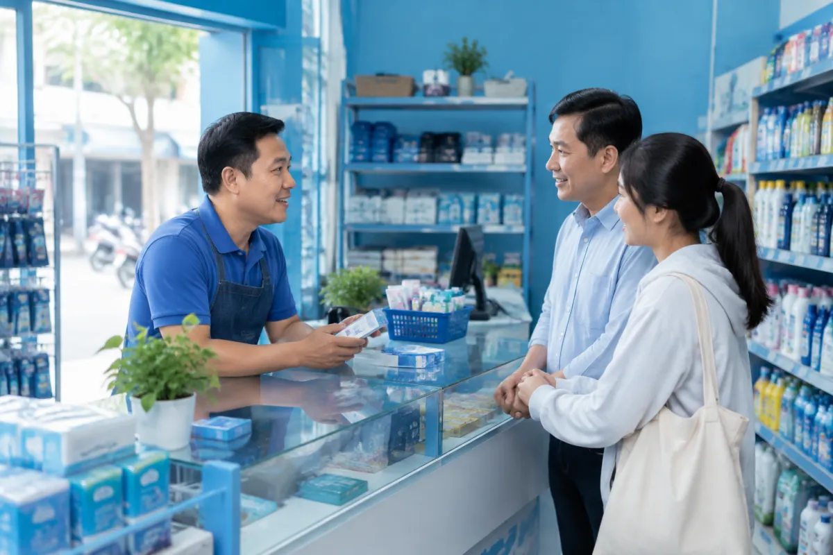 Chủ cửa hàng và gia đình trao đổi về thủ tục đăng ký hộ kinh doanh tại cơ sở kinh doanh nhỏ