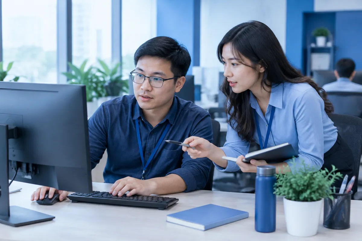 Chuyên viên kiểm tra website cùng đồng nghiệp trong quy trình chăm sóc website tại doanh nghiệp Việt Nam